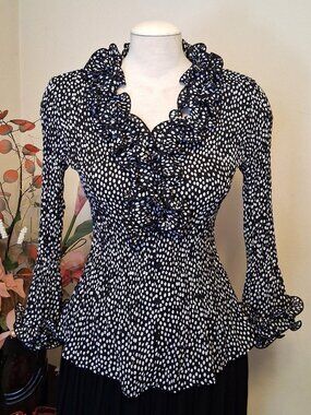NWOT NESS Women’s Luxury Ruffle Pleated Blouse Polka Dots Button Down Shirt 10